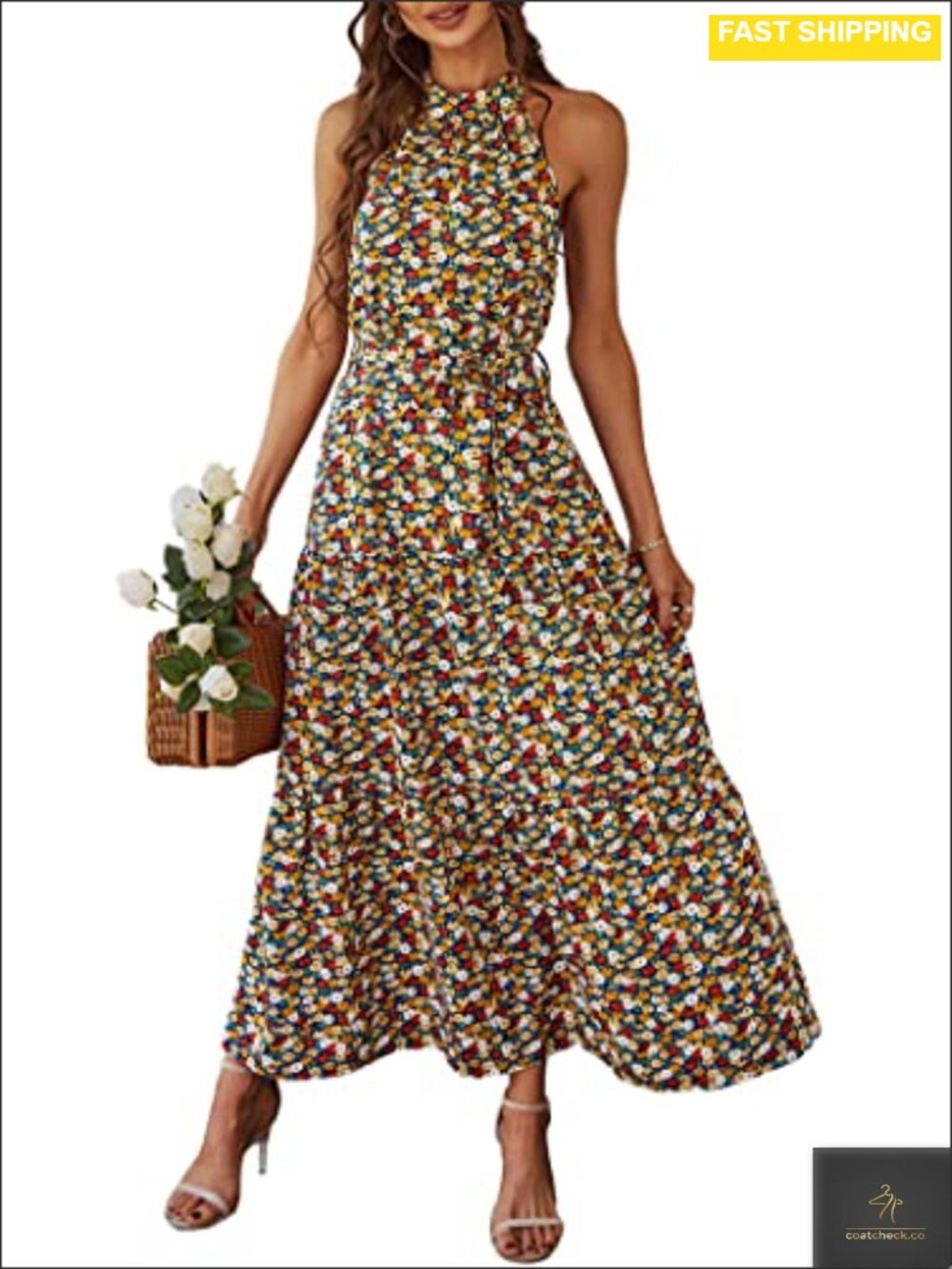 Women's Summer Floral Halter Maxi Dress Sleeveless Belted Boho Vacation